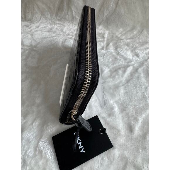 Brand New DKNY Shiny Black Croc Print Faux Leather Vela large Zip Around Wallet - Picture 4 of 4